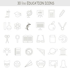 Education line icons, black outline on white. Globe, microscope, pencil, atom, DNA, test tube, flask, computer, book, hat, apple, bell, clock, lamp. School or University, natural, sciences, vector