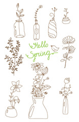 pattern with bouquets of flowers and vases on a white background with the words Hello spring with a bird