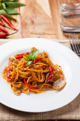 spaghetti baby clams with spicy chili sauce ,thai food