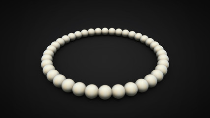 White pearls aligned in circle on black infinite floor. (3D Ilustration)