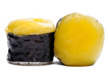 Pair of baked japanese rolls with cheese and nori isolated