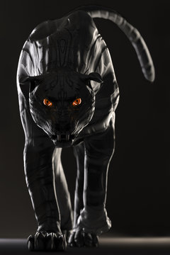 Evil looking cyborg black panther with red glowing eyes walking towards camera on black background
