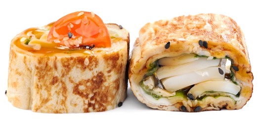 Japanese protein rolls with omelette, tomato and squid isolated
