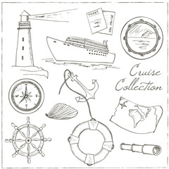 Marine and vacation isolated doodles elements background.