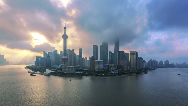 4K (4096x2304) Time-lapse, China Shanghai Skyline and Huangpu River at Sunrise. 