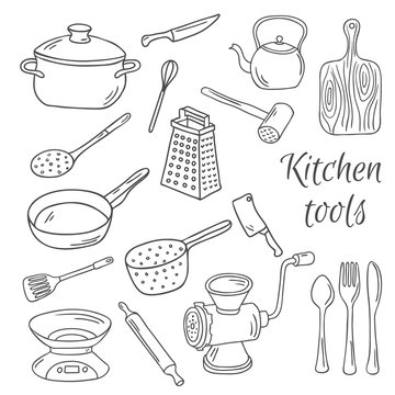 Collection of  vector hand drawn kitchen tools.