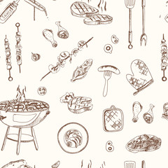 Vector hand drawn set with barbecue seamless pattern.