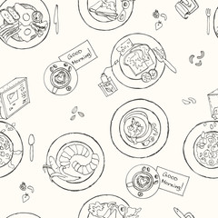 Vector hand drawn breakfast seamless pattern.