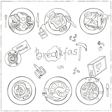 Vector hand drawn breakfast set.