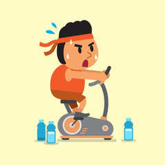 Cartoon a fat man riding exercise bike