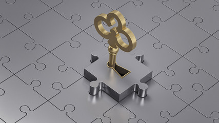 Close up of a golden key and metal puzzle. (Concept illustration)