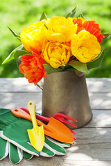 Colorful tulips and garden tools