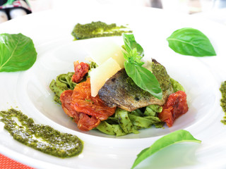 special recipe, rainbow trout and cheese on green pasta