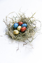 Fototapeta na wymiar Easter egg in a black bowl with white dot, hay. White background.