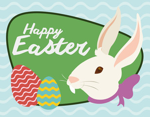 Smiling Rabbit's Head and Eggs in a Sign for Easter Holiday, Vector Illustration