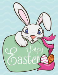 Happy Easter Bunny with Greeting Sign for Easter Date, Vector Illustration