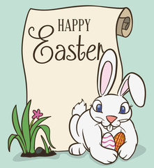 Cute Easter Bunny with Scroll Ready for Egg Hunt, Vector Illustration