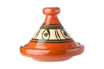 Traditional decorated Moroccan tagine on white background