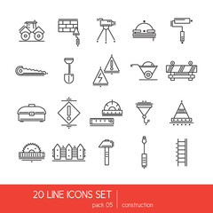 Thin lines icon collection - construstion stuff. Tools for work. 
