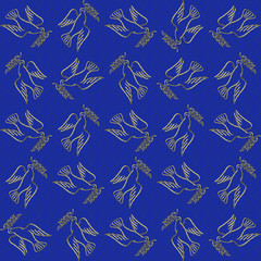 Peaceful conceptual pattern. Large golden dove of peace against the blue backdrop with laurels ornament. Concept. Made by means of openclipart.org elements.