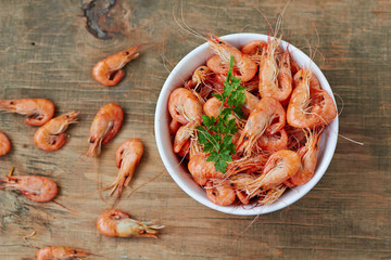 Prepared shrimp on plate , top view