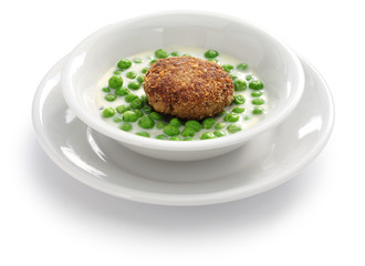 green peas fozelek (thick vegetable stew) and fasirt (fried meatball), hungarian cuisine