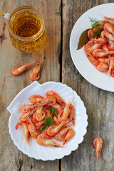Fresh boiled shrimp and beer mug