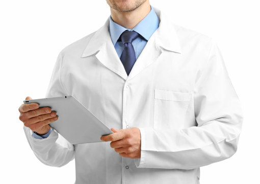 Doctor With Tablet Isolated On White