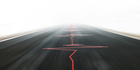 Abstract safe motion blurred high speed vehicle driving with heart health pulse on black asphalt road. - obrazy, fototapety, plakaty