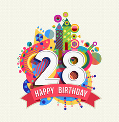 Happy birthday 28 year greeting card poster color - obrazy, fototapety, plakaty