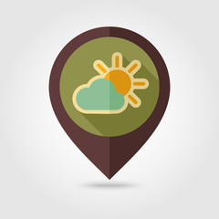 Sun and cloud retro flat pin map icon. Weather