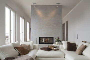 Interior of modern flat, Living room with white couch