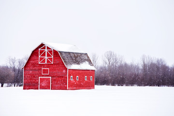 Bright red barn with a hayloft in white winter landscape - obrazy, fototapety, plakaty