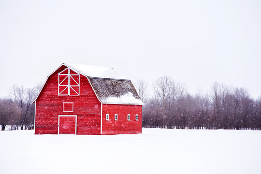 Bright red barn with a hayloft in white winter landscape