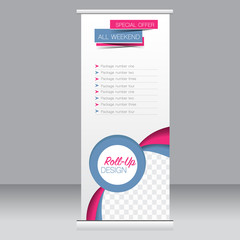 Roll up banner stand template. Abstract background for design,  business, education, advertisement. Pink and blue color. Vector  illustration.
