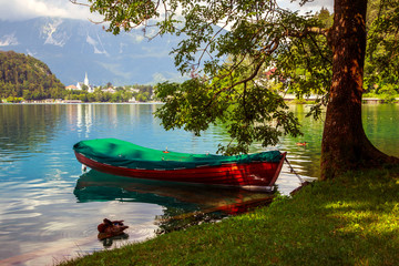 Boats at the pier of Lake Bled, Slovenia.