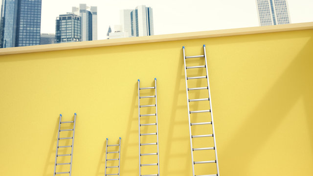 d Rendering, Ladders leaning on yellow wall in front of skyline