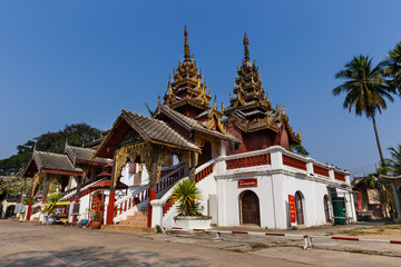Wide angle view of traditional Burmese style chapel of Wat Sri C