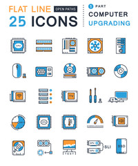 Set Vector Flat Line Icons Upgrading Computer
