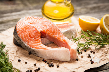 Fresh salmon on old wood