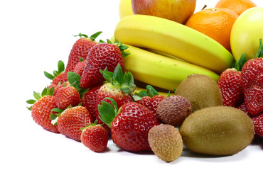 Collection of fresh fruits rich in vitamins : banana, strawberries, apple, clementine, kiwi, litchi,