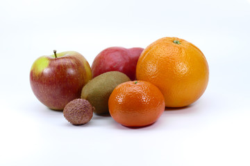 Collection of fresh fruits : apple, clementine, kiwi, litchi, orange, red pear