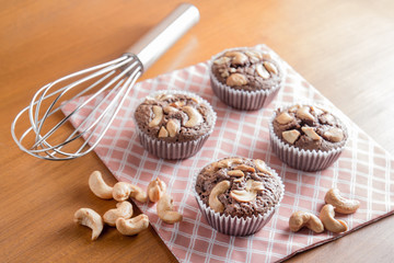 Brownies With Cashew nuts On Wooden Background