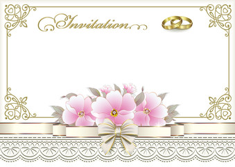 Wedding invitation card with rings and flowers