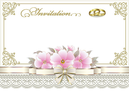 Wedding invitation card with rings and flowers