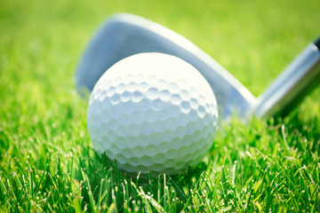 Golf club and ball in grass
