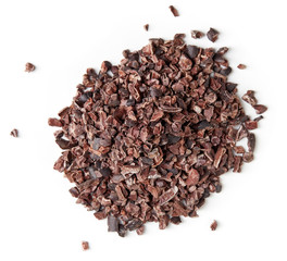 Heap of cacao nibs on white background