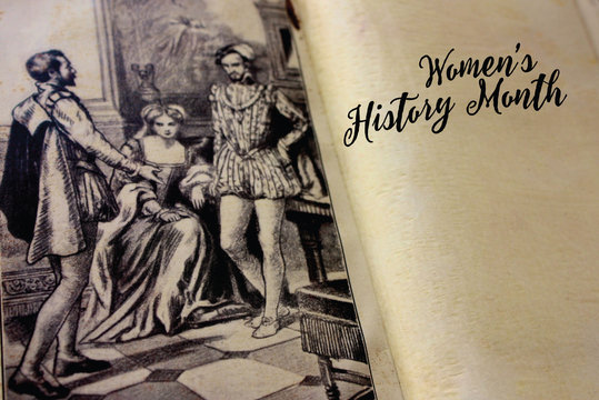 Women's history month photo with antique books.