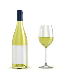 with white wine bottle and glass with wine isolated on white bac