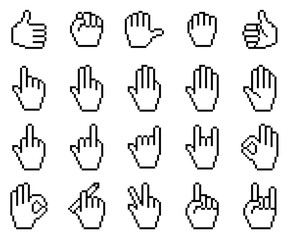 Set of unusual pixelated hand icons.